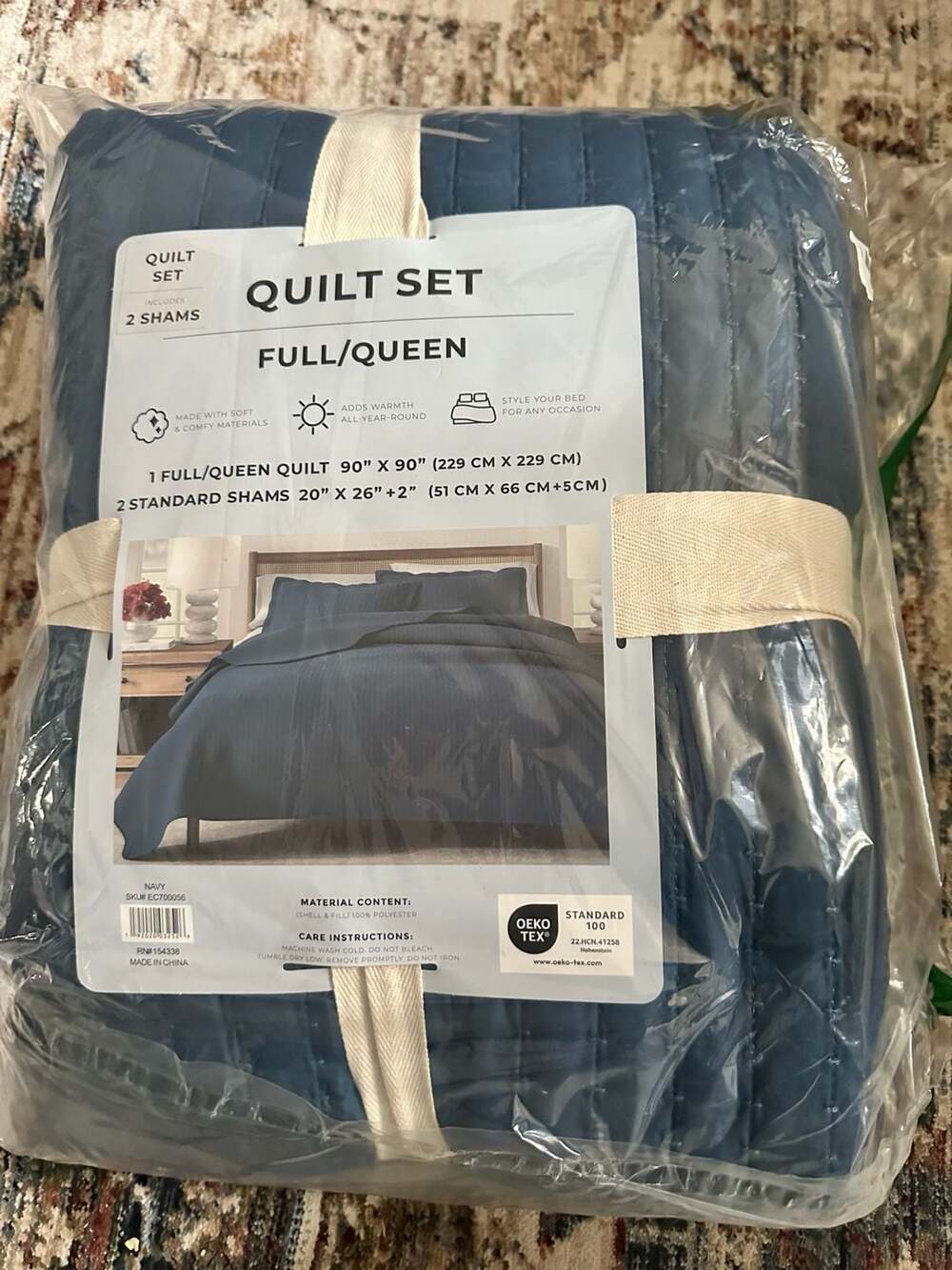 Full/Queen Navy Channel Stitch Quilt Set with 2 Standard Shams